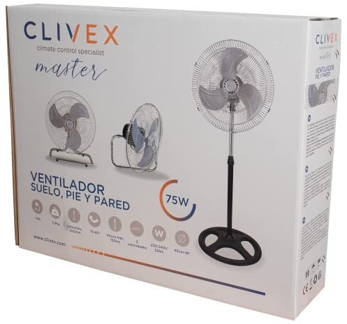Clivex Ventilador Industrial Oscilante Master 45cm (75W) Incluye 3 soportes (Suelo, pie y colgar en pared) aspas de metal