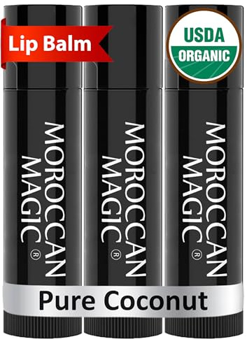 Moroccan Magic Organic Pure Coconut Lip Balm 3 Pack | Ultra-Hydrating Argan & Essential Oil Lip Moisturizer + Vitamin E | Natural Chapstick for Dry Lips | Smooth, Non-Toxic | Organic Lip Balm