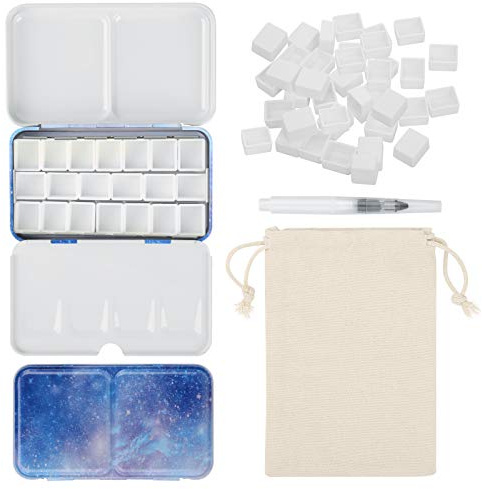 PEVART 53-teiliges Set aus 1 Leere Aquarellkasten Malkasten Metallkasten leer Mal-Paletten, 50 Leere Aquarell Pfannen Wannen Näpfen für Aquarellfarben, 1 Wassertankpinsel, 1 Aufbewahrungstasche