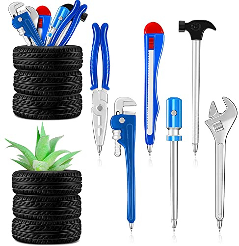 Zonon 6 Pcs Novelty Tool Pens Set with 2 Pcs Tire Shaped Pen Holder Writing Ballpoint for Man Desk Home Office Gift Accessories Organizer Tire Succulent Cactus Planter Pot Decoration