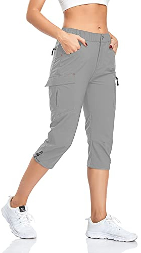 GymBrave Pantalon cargo de randonnée pour femme, capris de camping d'extérieur à séchage rapide et résistants à l'eau avec protection UPF 50 et poches à fermeture éclair, gris clair M