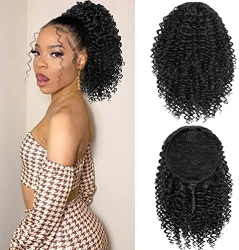 rosmile Short Kinky Curly Ponytail Extension for Black Women, 10 Inch Natural Drawstring with Two Clips, Synthetic Afro Women
