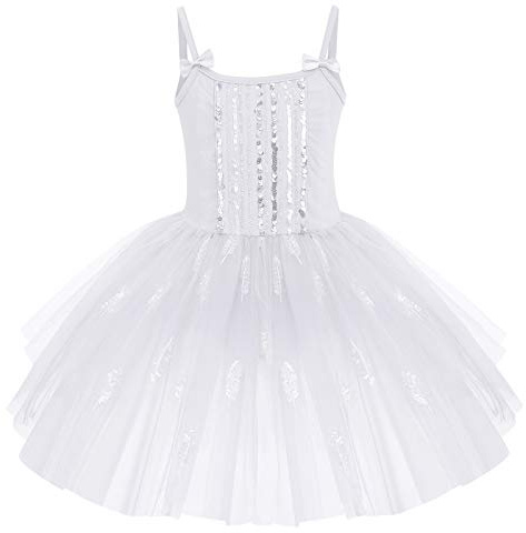 Robe Ballet Fille Tutu Danse Classique sans Manches Bretelles Spaghetti avec N�UD Papillon Tulle Paillettes Plume Justaucorps Gymnastique Costume Ballerine Princesse Une Pi�ce Blanc 9-10 Ans