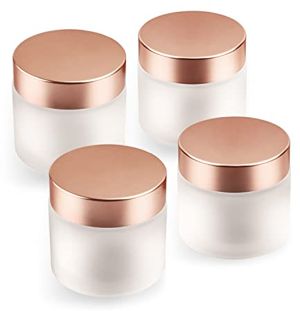 USRommaner 4 Pack 2 oz Frosted Glass Cream Jar,Empty Round Sample Jar Pot with Screw Lids&Inner Liner,Travel Storage Jar Container for Lotion, Eyeshadow,Moisturiser,gel-Rose Gold Lids