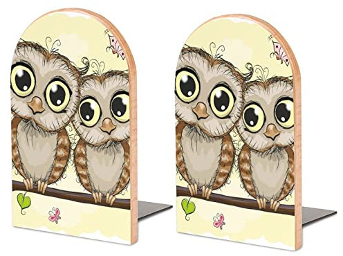 Packung Mit 2 Buchstützen Gelbes Eulen-Paar Rutschfester Bücherständer Aus Holz Bücherregal Bücherhalter Für Home Desk Office Library