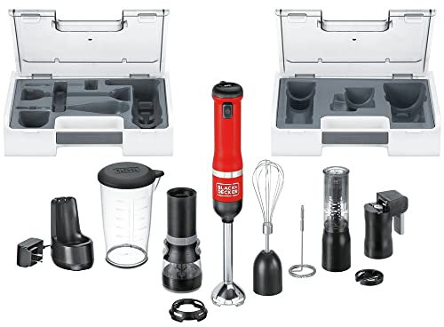 BLACK+DECKER Bacchetta da cucina senza fili ad immersione Blender, 6 in 1 Multi Tool Set, frullatore a mano con dock di ricarica, rosso (BCKM1016KS06)