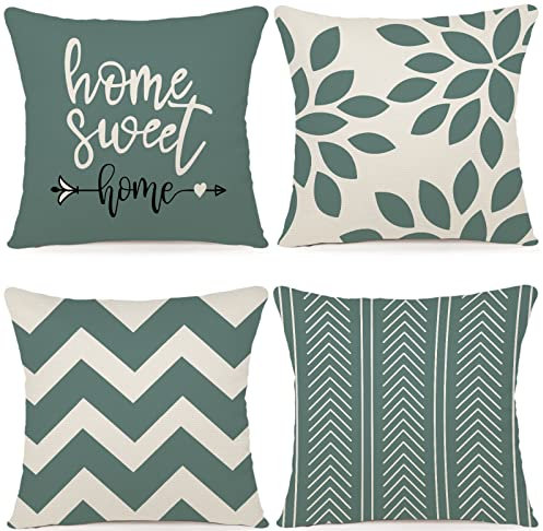 ZWJD Fundas para Cojines de 45 x 45 cm, Juego de 4 Funda de Almohada del Decorativos de Tela de Lino para de Granja Decorativa de Color sólido para Sala de sofá, Cama Agua Verde