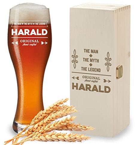 polar-effekt Vaso de Cerveza + Caja de Madera con Grabado Personalizado, diseño: The Man, The Myth, The Legend, Personalizado, 1 Caja de Madera, 1 Vaso de Cerveza de Trigo de 500 ml