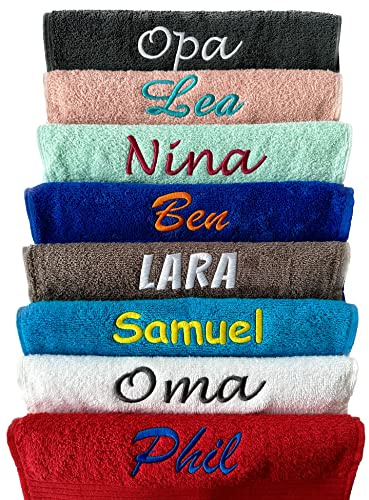 Schnoschi Handtuch mit Namen Bestickt | Wunschtext & Motiv personalisiert | 2 Zeilen inklusive | 100% Baumwolle | Saunatuch Badetuch Duschtuch Gästehandtuch | Individuelle Geschenkidee viele Farben
