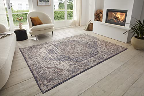 Hanse Home Alfombra vintage de arena, alfombra oriental de pelo corto, suave para dormitorio, comedor, salón, pasillo, cocina, color crema azul, 80 x 120 cm