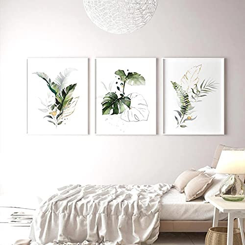 Grün und Gold Farn Blatt Palme Pflanzen Wand Kunst Leinwand Malerei Botanische Poster Drucken Nordische Bilder für Wohnzimmer Wohnkultur 35x45cmx3pcs Innerer Rahmen