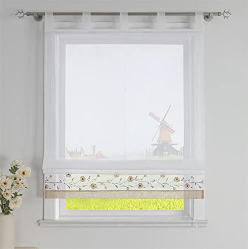 CORLIF Raffrollo mit Schlaufen Modern Raffgardine Küche Schlaufenrollo Leinenoptik mit Blumen Stickerei Transparente Rollo Landhaus Kurz Fenster Schal B/H 80/150 cm Sand