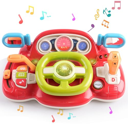 Forroby Multifunktions-Auto Lenkrad für Kinder Ab 2 Jahre - Mit Licht und Englischem Aufforderungston - Geschenk für Jungen und Mädchen, Rot