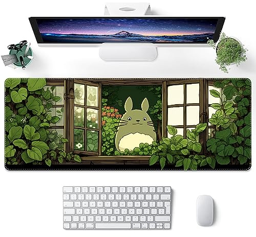 ProbTis Japanese Kawaii Green Mouse Pad, Aesthetic XL Mouse Mat, Non-Slip Rubber Base, Extended Desk Accessories for Home and Office, 31.5 x 11.8 (Plant)