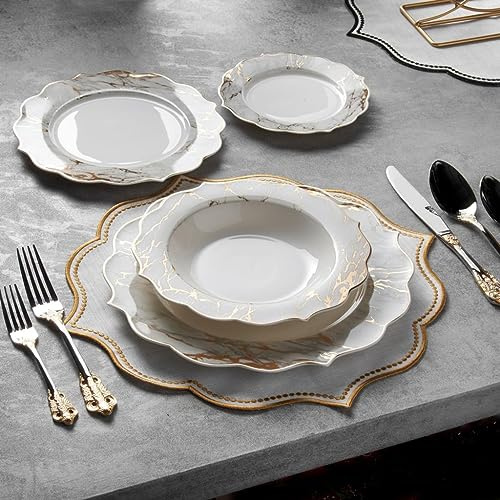 KONIGTUM KOV-MA Service de table 24 pièces en porcelaine anglaise pour 6 personnes – Assiettes plates, assiettes creuses, assiettes à dessert, petites assiettes – Blanc et doré