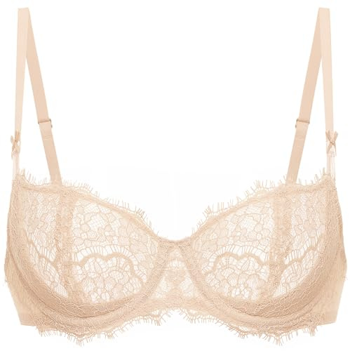 DOBREVA Dam Balconette Sexig Ofodrad BH spets Push Up Plus Size BH genomskinlig bygel, BEIgE, 85B
