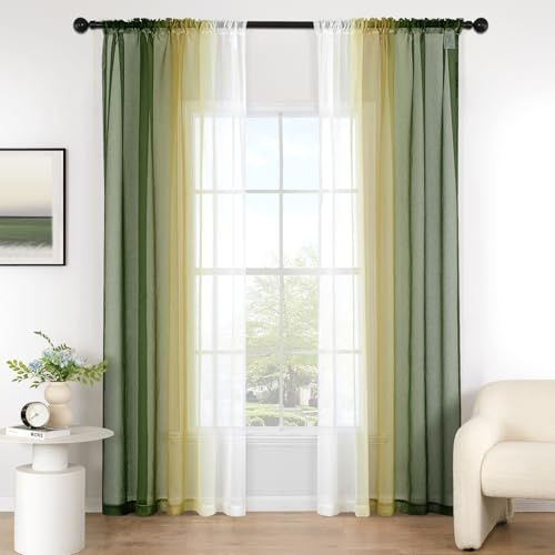 MIULEE Zweifarbige Voile Vorhänge Kräuselband 2er Olivergrün 140x160cm | Zweifarbige transparente Voile Vorhänge mit Kräuselband, lichtdurchlässig, modern dekorativ für Wohn- und Schlafzimmer