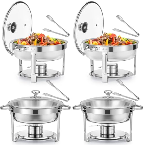 Wilprep 5.5L Chafing Dish Buffet Rotondo con Coperchio in Vetro Scaldavivande Rotondo in Acciaio Inox Contenitore Vassoio di Riscaldamento e Freddo per Catering Ristoranti Feste Matrimoni (4 Pezzi)