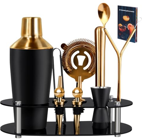Zanfqvo 700 ML Shaker Cocktail pour Cadeau Homme, 14 Pièces Kit Cocktail Professionnel + Doseur Cocktail + Pilon Cocktail, Kit Mojito Martini Gin pour Maison, Bar (Or)