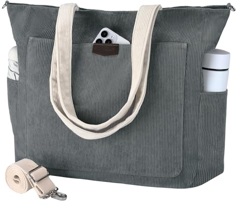 Chase Chic Bolso Mujer, Pana Bolso Bandolera Mujer Grande Tote Bag Universidad Casual Bolsa Ordenador Portátil Shopper Hombro para Viaje Trabajo Oficina Escolares Adolescentes, Gris Y Blanco