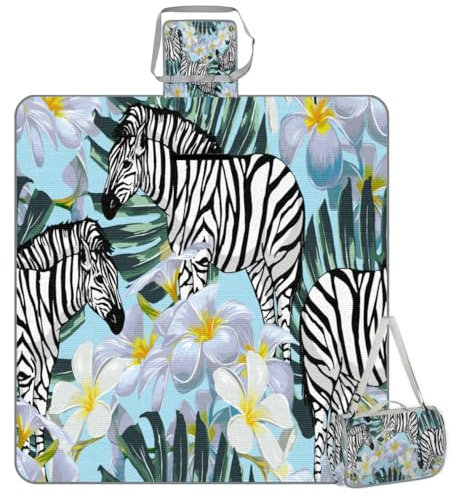 Mularoka Picknickdecke mit Zebra-Palmblatt-Motiv, wasserdicht, sanddicht, faltbar, Stranddecke, 150 x 145 cm, extra groß, tragbar, waschbar, Outdoor-Matte für Camping, Park, Gras, Wandern, Reisen