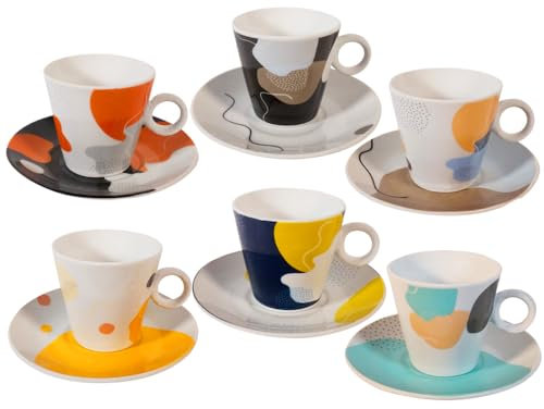 PALUPLUS Set 6 Tazzine Caffè con Piattino in Porcellana da 80 ml, Tazze da Espresso con manico, Lavabili in Lavastoviglie, adatte per Microonde, FANTASIA SPOT -265