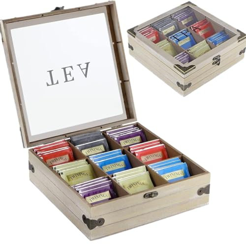 PRK 14 Elegant Wooden Tea Storage Box 9 Compartments With Lid For Bags Coffee Pods Sugars Creamers Kitchen Storage Food Luxury Holder Container