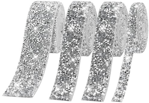 nastro in resina da 4 Iarde, autoadesivo in cristallo strass argentati abiti sposa fai te cintura gonna vaso torte e feste decorazione della cassa telefono (argento, 10mm & 20mm & 30mm)