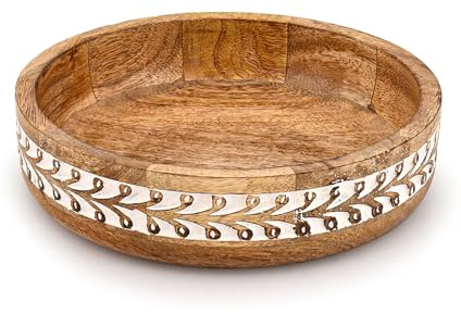 Mahasu Bol décoratif rond en bois de manguier fait à la main pour décoration d'intérieur, centres de table, mariages, fêtes (25,4 x 25,4 x 6,3 cm)
