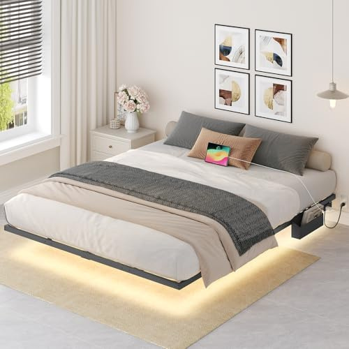MAHANCRIS Marco de Cama de 160 x 200 cm con Base de Carga y Tiras LED, Marco de Cama de Metal Flotante, Cama Doble, para Dormitorio de Invitados, Color Negro ABFBK538UE01
