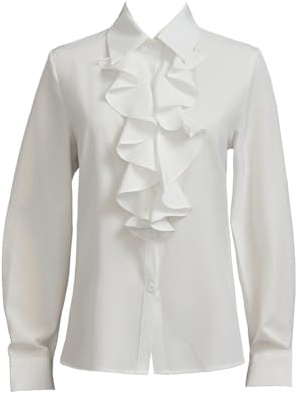 Taiduosheng Camicetta da Donna con Pizzo, Colletto Rialzato, Rouches sul Collo, Maniche Lunghe, Camicia Victoria Rouches, Camicia da Ufficio Elegante, Camicia da Business Casual, bianco, S