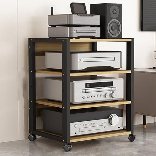 HiFi Rack Medienständer Plattenständer mit Rollen,TV-Schrank Standregal,Audio Komponentenschrank,Medienaufbewahrungsschrank for Plattenspieler,CD,Wohnzimmer(Light Color,4 Tier)