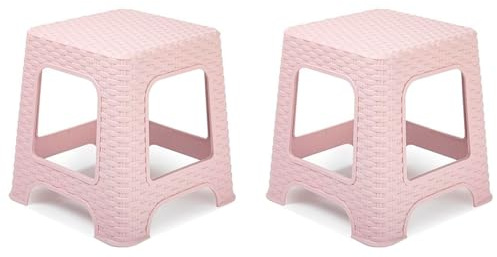 Acan Tradineur - Set di 2 sgabelli in plastica rattan, imitazione vimini, panca multiuso, cucina, soggiorno, prodotto in Spagna (rosa bastone, 33 x 32,5 x 32,5 cm)