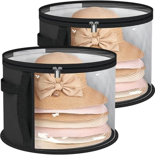 Boite Chapeau Ronde pour 7 Chapeaux, Organisateur Grand Format pour Chapeau Cowboy, Femme & Large Bord - Protection Anti-Poussière pour Armoire et Voyage (2 Pièces, Noir)