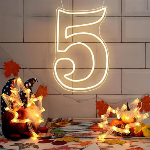 RumonZS Numero 5 Light Up LED Neon Sign Sfondo 40,4 cm Decorazione Festa di Compleanno Bianco Caldo Numero Uno Segnale Luminoso Alimentato USB Grande Numero Luce per Compleanno Luce Notte Festa