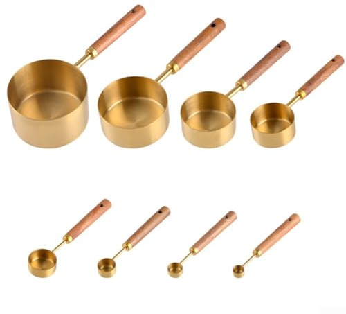 YJDOORPLAY Juego de 8 tazas y cucharas medidoras de acero inoxidable dorado, herramientas para hornear con mango de madera con medidas, tazas medidoras para cocinar, hornear, secar y líquido