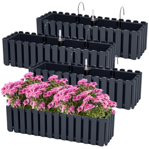 DTU24 4er Set Blumenkasten Blumentopf mit Halterungen – 58 x 18,1 x 16,3 cm - Pflanztopf Bewässerungssystem Balkonkasten Pflanzkästen, Anthrazit