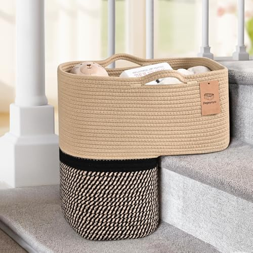 Degeyoyo Woven Stair Basket, Stair Baskets for Wooden Stairs, Carpeted Stairs Storage Basket with Handles, Staircase Baskets for Toys, Books, Black, 15” L x 10” W x 15” H