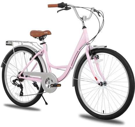 Hiland 26 Zoll Cityräder für Erwachsene, Step-Through Rahmen Damenfahrrad mit Gepäckträger, Herren und Damen 7 Gang-Schaltung Hollandfahrrad Citybike, City-Pendlerfahrrad für Männer