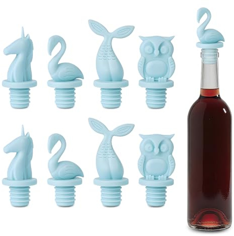 8 pcs Wine Stoppers, CNYMANY Reusable Silicone Animal Beverage Bottle Sealer Replacement with Grip Top for Cork to Keep the Wine Fresh - Light Blue