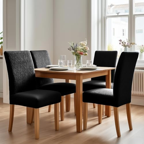 Deconovo Coprisedie con Schienale 6 Pezzi, Coprisedie Elasticizzati Universali Lavabili per Cucina e Sala da Pranzo, Motivo Corteccia Naturale, Nero Corvino