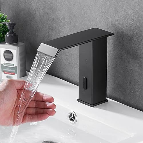 Black Infrared Faucet Brass Bathroom Sink Mixer Tap Waterfall Design Low Flow Stylish Touchless Bathroomfor Modern Home Decor