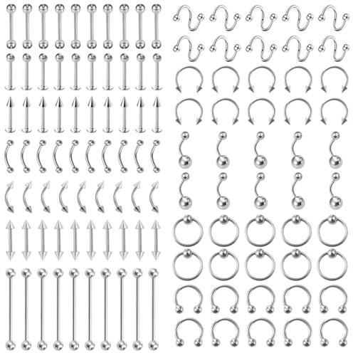 Juland 120 PCS Körperpiercing Set Chirurgischer Edelstahl Bauchnabel Zunge Augenbraue Nippel Lippe Nase Septum Piercing Schmuck