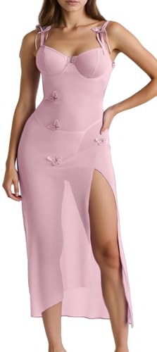Maeau - Sexig fjärilsbygel transparent tyll lång babydoll sidoslits dam med T-string S-XXL, rosa, XXL