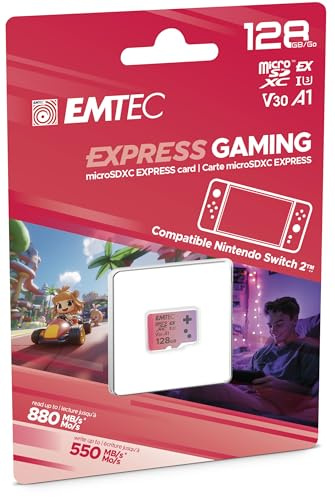EMTEC - Carte MicroSDXC 128GB UHS-I U3 V30 A1 Express Gaming, Compatible Nintendo Switch 2, Haute Vitesse jusqu'à 880Mb/s, Stockage Étendu, Idéale pour Jeux Vidéo et Applications