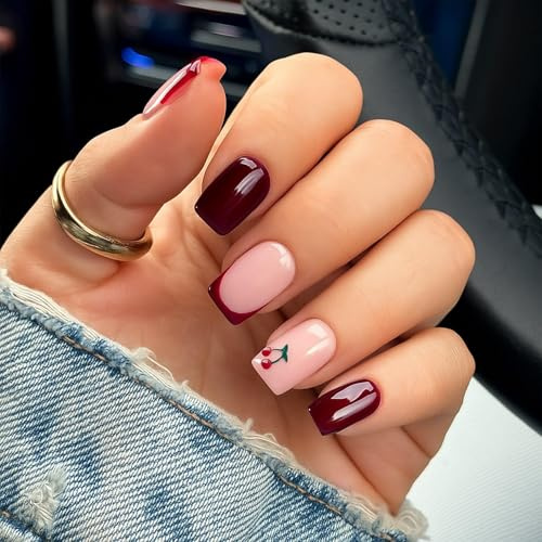 Short Square False Nails, Glossy Burgundy And Pale Pink, 24-Piece Set | Solid-Colour, Bordered And Cherry-Patterned Designs, For Home Manicures, Everyday Wear, Casual Outings And Social Occasions