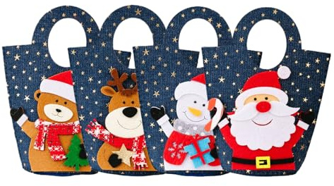 Julgodispåsar – 4 stycken julpåsar i denim – söta bärkassar för sötsaker kakor ölflaskor dekoration – klassfest karneval babyfest barn vuxna
