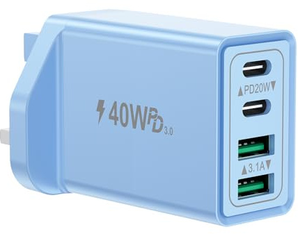 USB C Plug Fast Charge, 40W 4-Port USBC Charger Dual Port PD Power Adapter + QC Wall Charger, Multi USB Plug Charger UK Type C Charging Plug for iPhone 17 16 15 14 13 12 11 Pro Max, iPad, Samsung