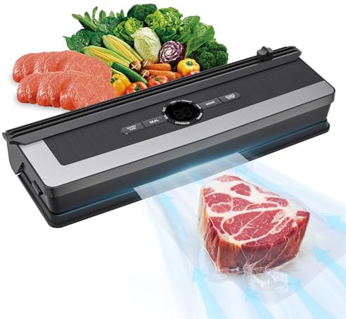 ENCHE 5-in-1 Vakuumiergerät mit Schneidefunktion, 85 kPa Vakuumiergerät mit Digitaltimer & LED-Display, inkl. 5 Vakuumbeuteln, für Fleisch, Fisch, Gemüse, Sous-Vide und Vorratshaltung