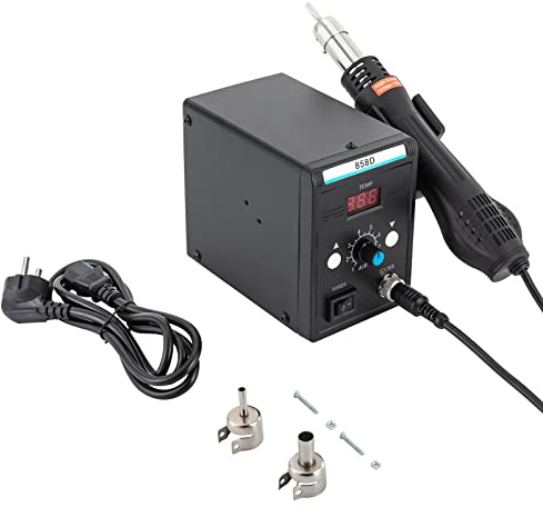 Stazione di saldatura ad aria calda 858D 700 W per saldatura SMD e dissaldatura con temperatura e volume d'aria regolabili, controllo della temperatura PID, funzione di avvio/arresto auto, 3 ugelli di